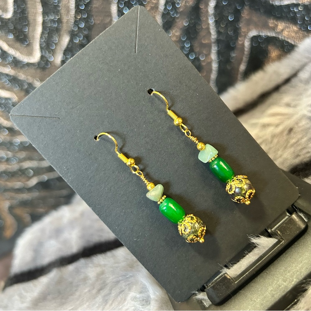 Handcrafted genuine blood stone cat eye glass barrel aventurine chip earrings